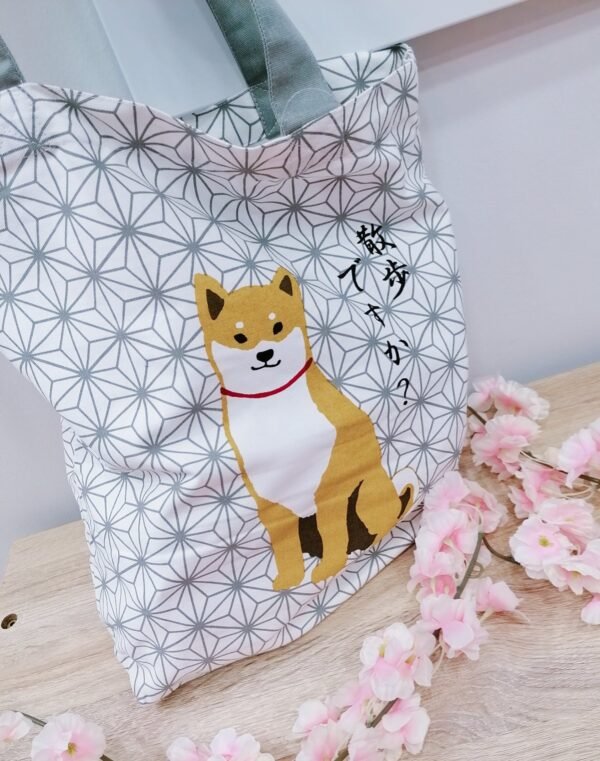 Tote bag blanc Shiba inu motifs géométriques